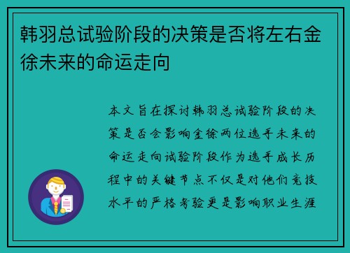 韩羽总试验阶段的决策是否将左右金徐未来的命运走向